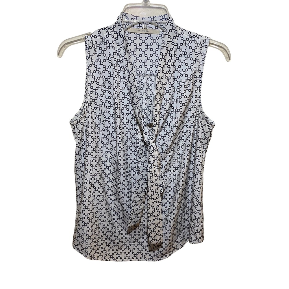 41 Hawthorn Sleeveless Tie Neck Blouse Navy White Chain Link Print‎ Medium